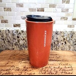 Starbucks Floral Orange Coral Embossed Flowers Ceramic Travel Tumbler Mug 10 oz